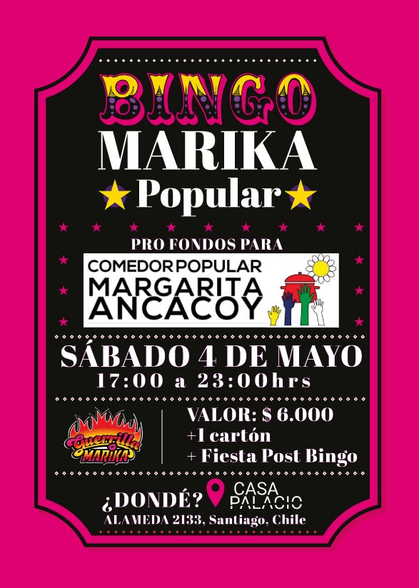 CAncacoy's tweet photo. Para reabrir este año tendremos Bingo, animado por la #GuerrillaMarika y el apañe de @casa.palacio. ¿Quieres ayudar con premios para el Bingo? Mándanos un mensaje por acá.También puedes apoyar comprando tu entrada: completa el formulario https://t.co/b3HRlEIxax
#TodesComen https://t.co/GpemesFCZI