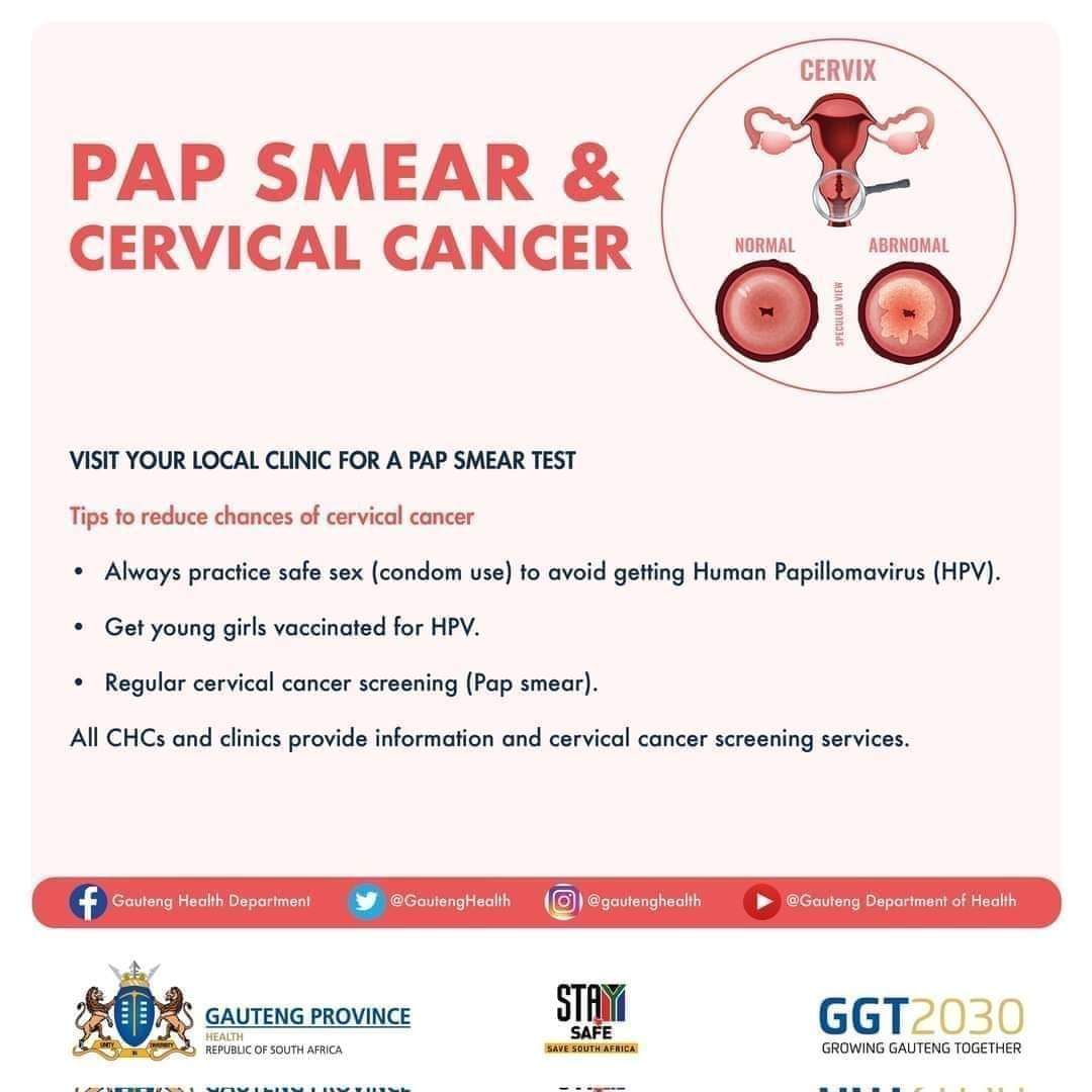 All CHCs and clinics provide information and Cervical Cancer screening services. Please visit your nearest Primary Healthcare facility for a PAP Smear test.

#AsibeHealthyGP  #ChekaImpilo