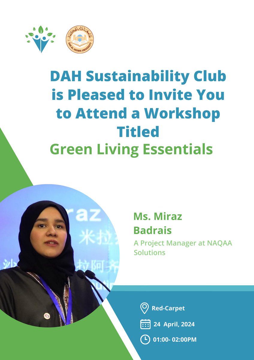 MBadrais's tweet photo. Sustainability is a broad concept that includes all aspects of our lives. 
As part of @NaqaaSolutions team, I'm thrilled to be the speaker of the Green Living Essentials workshop at @DAHUniversity tomorrow, 24th of April 2024. https://t.co/3gTUdFdNVS