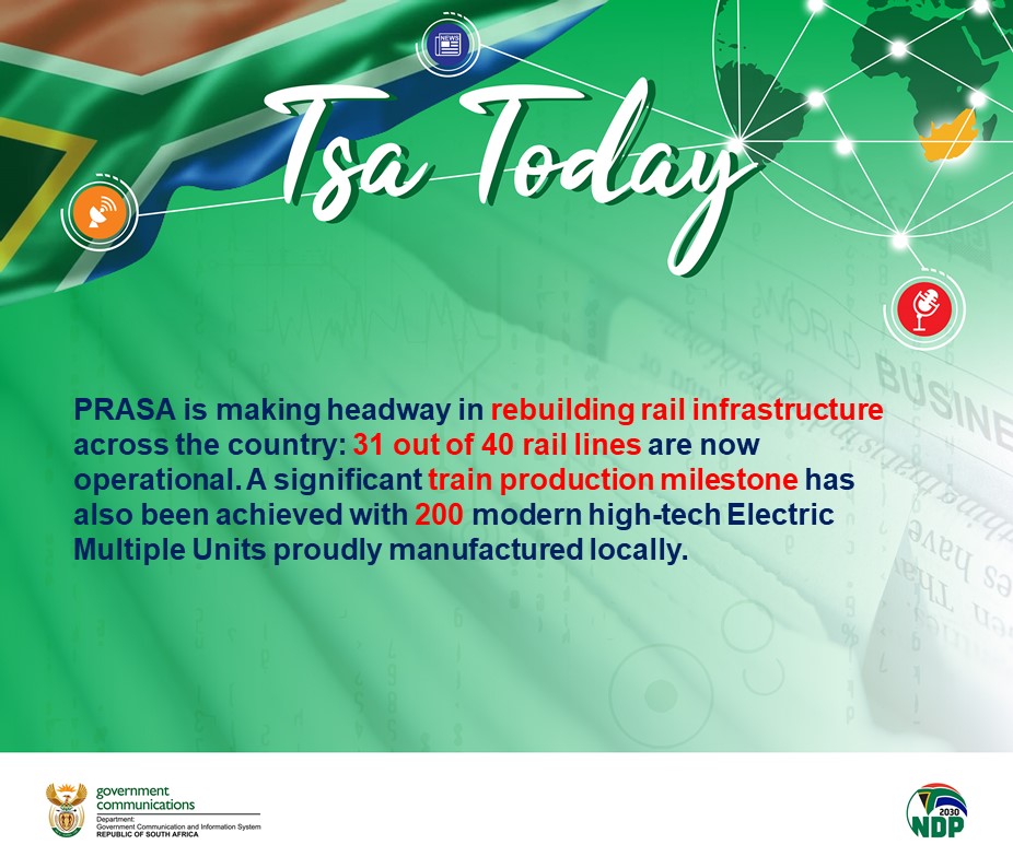 GovernmentZA's tweet photo. @PRASA_Group has achieved a significant train production milestone with 200 modern high-tech Electric Multiple Units (EMUs) proudly manufactured locally in Gauteng
#TS200 https://t.co/06uQWwJtSy