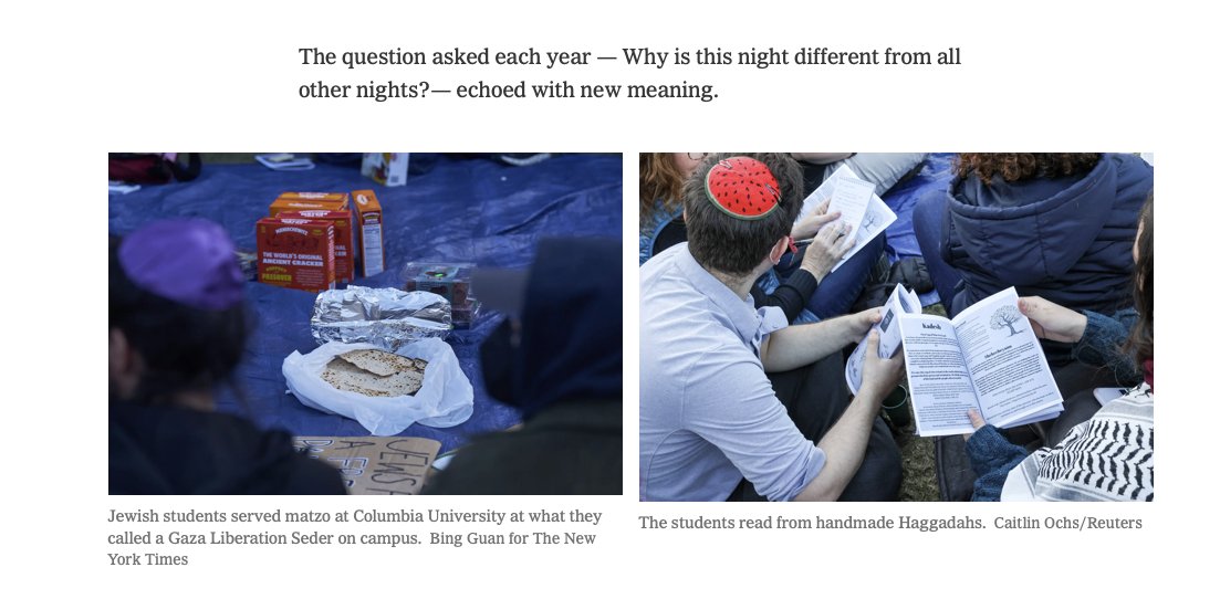 A Night Different From Others as Campus Protests Break for Seder: Pro-Palestinian protesters, many of whom are Jewish, prepared Seder dinners at college protest encampments. nytimes.com/2024/04/22/us/…