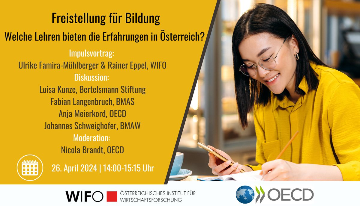 Lebenslanges Lernen ist unverzichtbar! #Bildungskarenz und #Bildungsteilzeit sollen Weiterbildung für Berufstätige erleichtern. Welche Chancen sie bieten und wo es Fallstricke gibt, zeigen wir im Webinar. Dabei schauen wir besonders auf Erfahrungen aus 🇦🇹. events.oecd-berlin.de/323?referrer=x