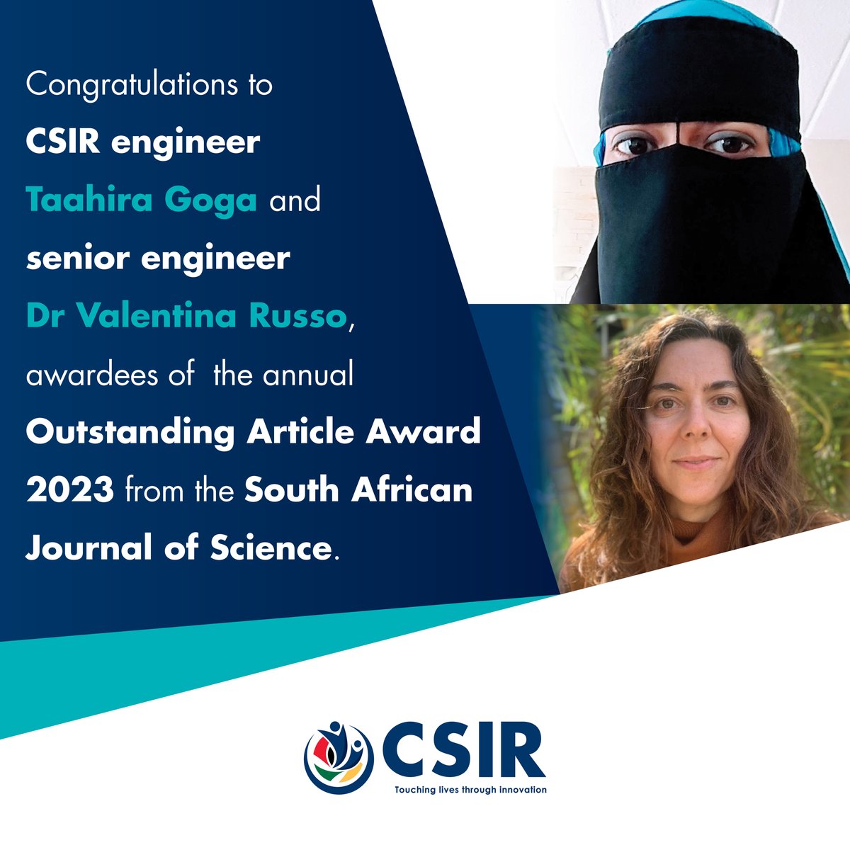 1/2 Congrats to #TeamCSIR engineer Taahira Goga & senior engineer Dr Valentina Russo! They are awardees of the annual Outstanding Article Award 2023 from the @SAJS_Official. The recognition comes from their co-authored paper, ‘A lifecycle-based evaluation of greenhouse gas ...