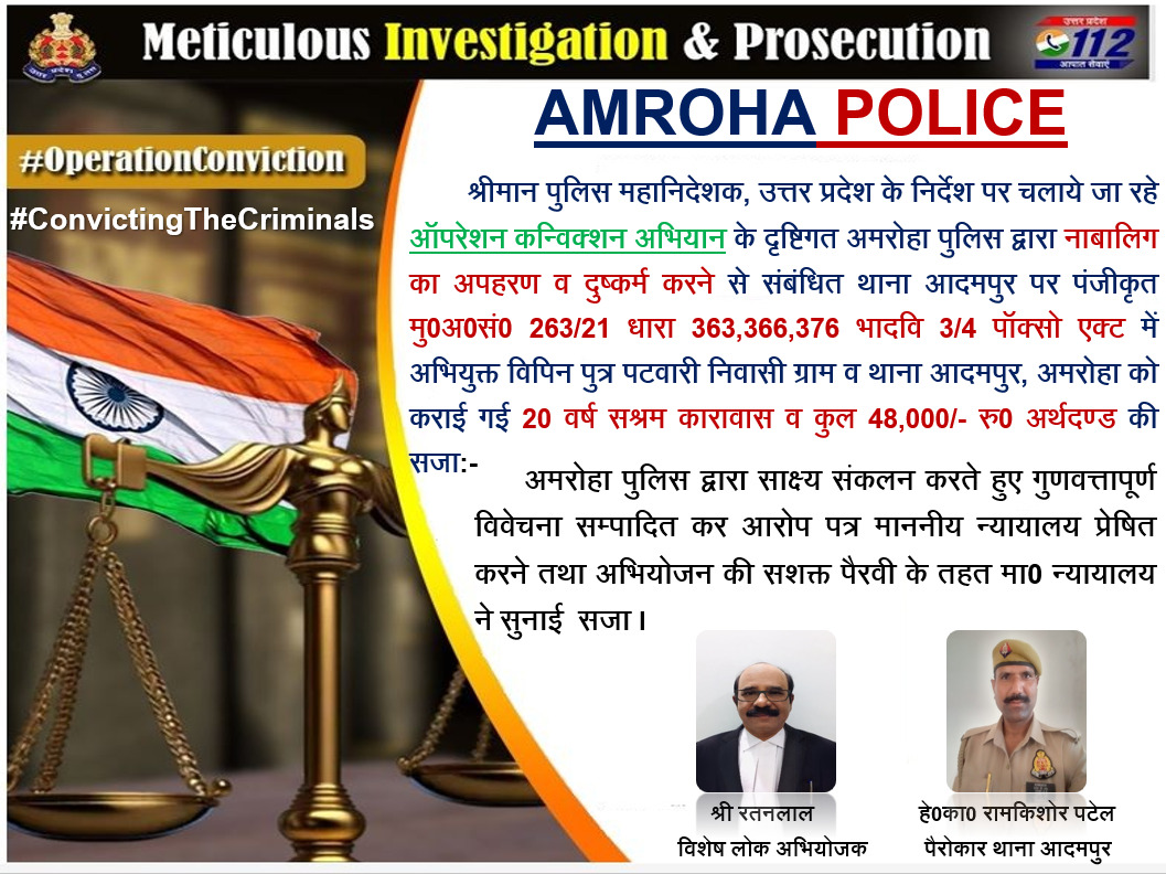 #OperationConviction पुलिस अधीक्षक अमरोहा @ipskunwaranupam के निर्देशन में @amrohapolice की गुणवत्तापूर्ण विवेचना/अभियोजन की पैरवी से मा0 न्यायालय द्वारा नाबालिग का अपहरण व दुष्कर्म करने वाले अभियुक्त को 20 वर्ष सश्रम कारावास व कुल 48,000/- रु0 अर्थदंड की कराई गई सजा। #UPPolice