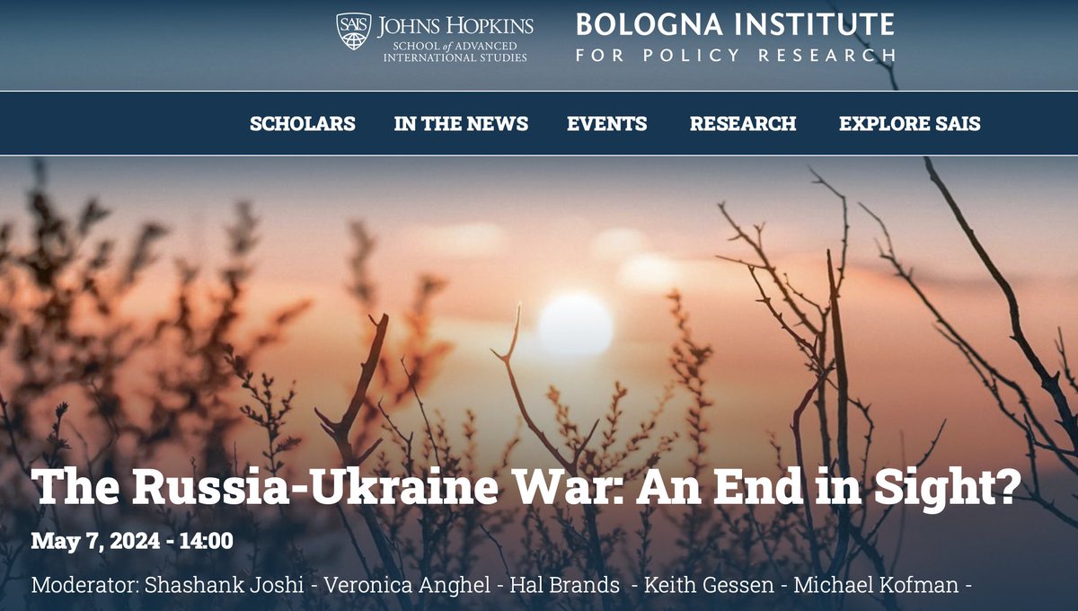 We have a super interesting event at SAIS-Europe on May 7 on the Russia/Ukraine war. With: @anghel_v1, @HalBrands, @keithgessen, @shashj and @KofmanMichael. bipr.jhu.edu/events/4795-Th…. It's public and hybrid. Those in Bologna and/or Italy, come join in person. Those online, do