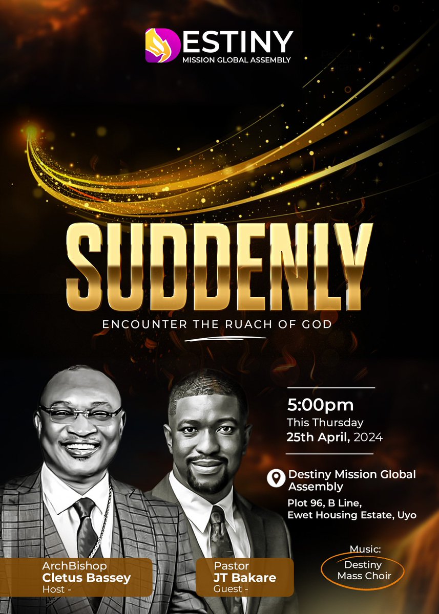 DrCletusBassey's tweet photo. I invite you to come and receive the cutting edge ministry of Pastor JT Bakare all the way from Abuja.

Happening live This Thursday (25th April) by 5pm at Destiny Mission Global Assembly, Plot  96 B Line Ewet Housing. https://t.co/MwxT9c3t5y