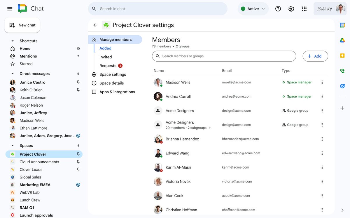 appsatori's tweet image. Od loňska můžete vytvářet prostory, členství, skupinové chaty pomocí rozhraní #GoogleChatAPI.
Je k dispozici další nová funkce, #Chat #API můžete použít k povýšení členů prostoru na správce prostoru.⬆️