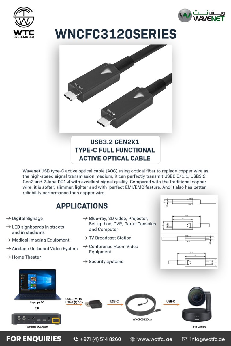 WTC_SYSTEMS_LLC's tweet image. WAVENET WNCFC3120

USB Type C  3.1 C-C (Data 10Gbps + Video 4K + PD 60W) Full Functional AOC cable

For Demo &amp;amp; Enquiries contact +971 (4) 514 8260
wotfc.ae
info@wotfc.ae

#WTC #WTCdistribution #WAVENET #AOC #ActiveOpticCable #ACOCables #USB