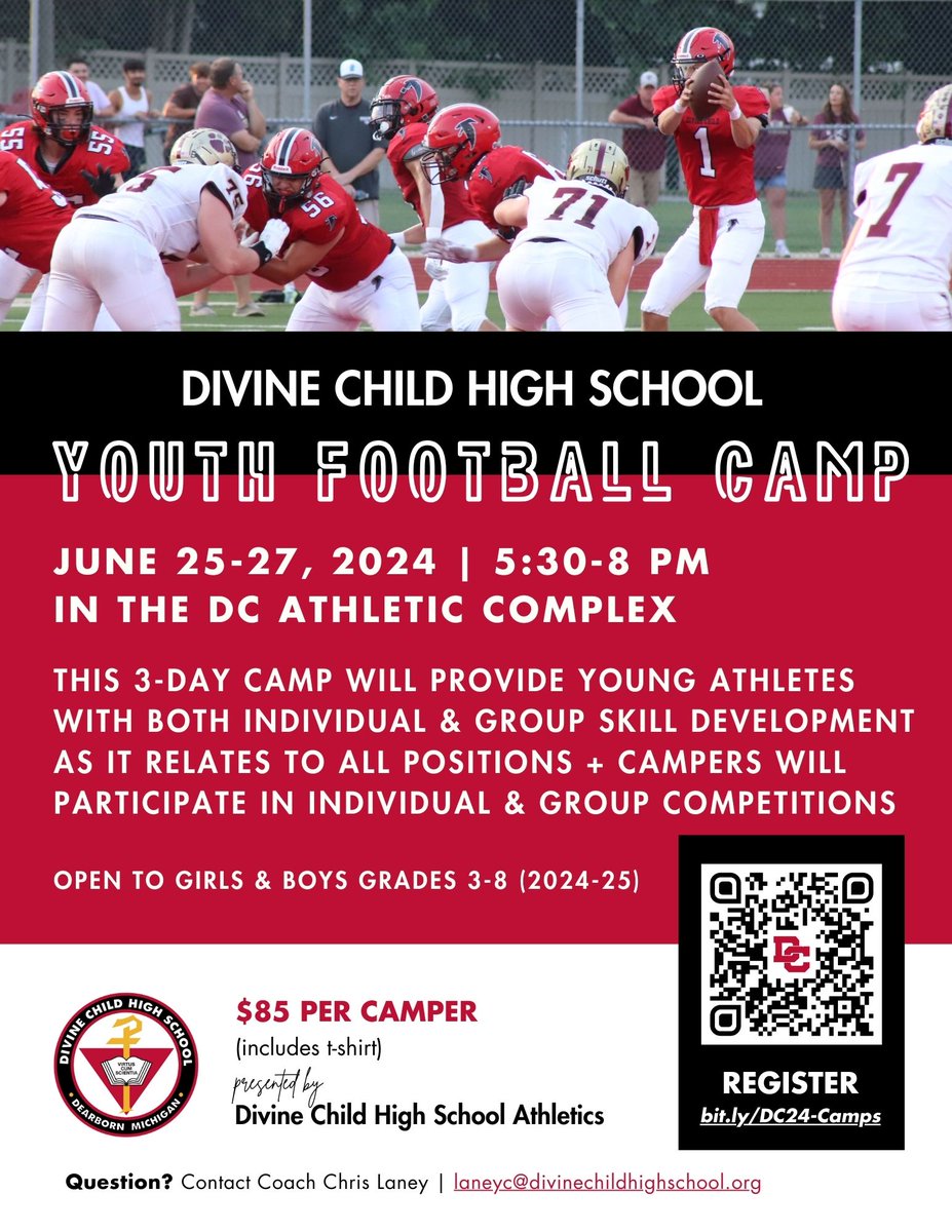 Excited to announce our 2024 summer youth football camp. Last year we had an amazing turnout. Can't wait to see all of the campers this year!! Sign up at the link below.