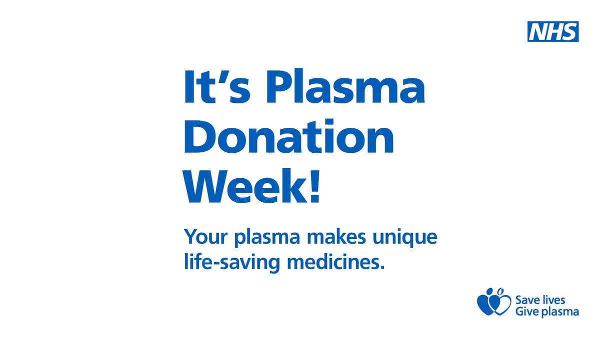 It's Plasma Donation Week! Your donations make a big impact to the 17,000 people who rely on medicines made from plasma to save or improve their lives. Donating plasma is as easy as giving blood & it takes around an hour. Book at blood.co.uk #PlasmaDonationWeek #NHS