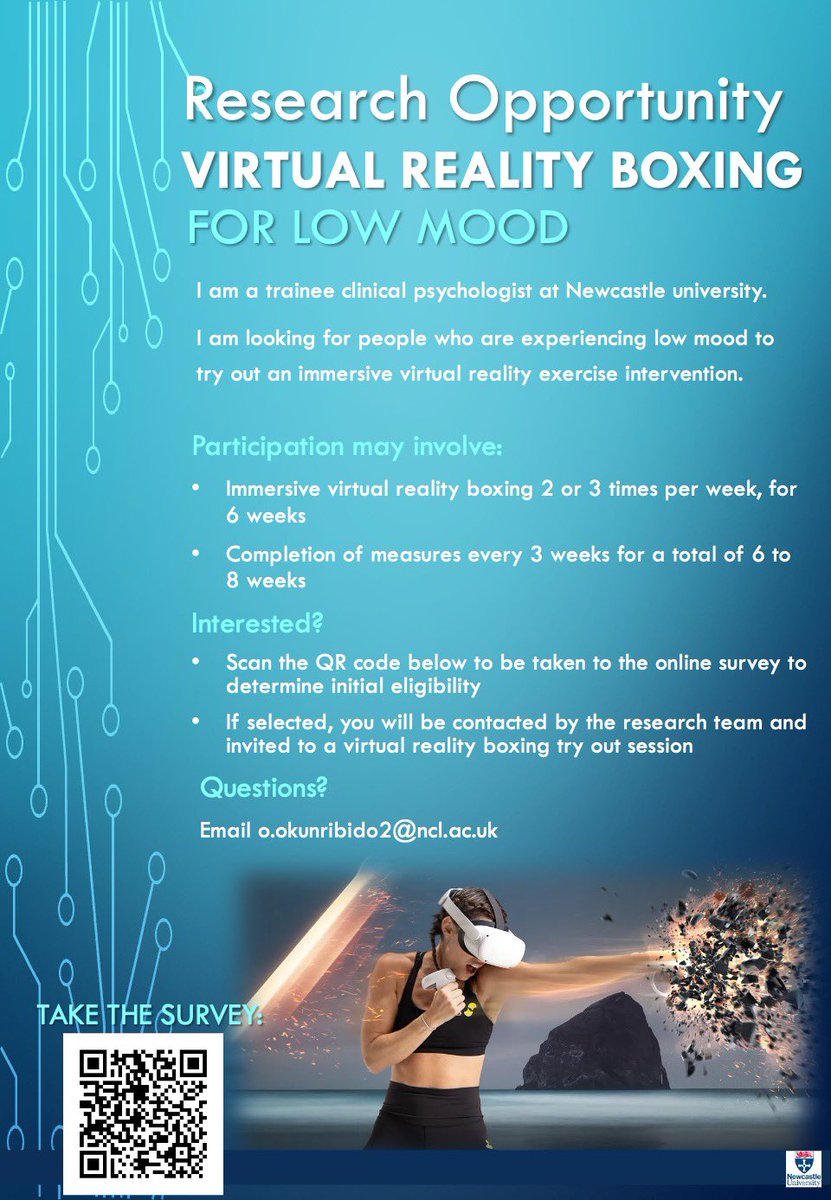 ✨PARTICIPANTS NEEDED✨

Are you based in Newcastle?

I am looking for people aged 18 to 45 to participate in research investigating the impact of Immersive Virtual Reality exercise on low mood. Link below:
nclpsych.eu.qualtrics.com/jfe/form/SV_er… #Depression #Exercise #VirtualReality #DclinPsy