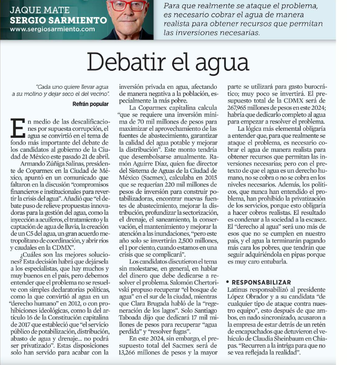 Es necesario cobrar el agua de manera realista para obtener recursos que permitan las inversiones necesarias. El resultado es condenar a la sociedad a la escasez. El 'derecho al agua' será uno más de esos que no se cumplen en nuestro país. @SergioSarmiento