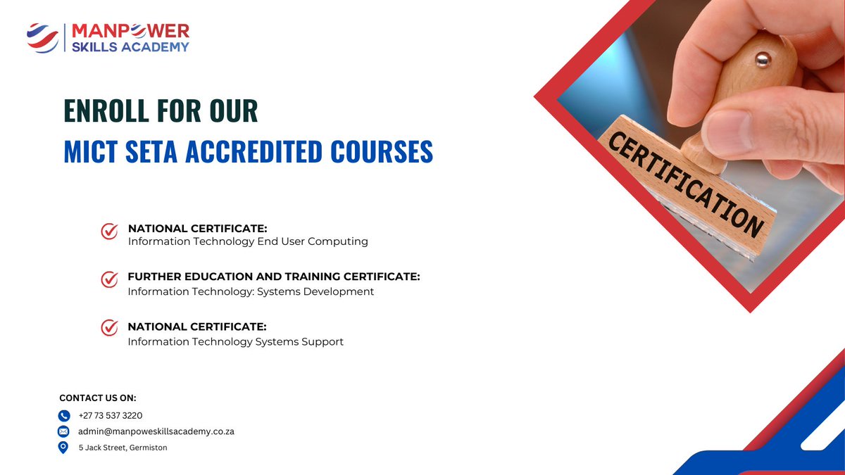 Join our MICT SETA-accredited courses to kickstart your career in ICT. Learn from industry pros &amp; build hands-on skills in IT, telecom, or digital media.

Why choose us? ✅ MICT SETA Accreditation ✅ Expert Instructors ✅ Practical Curriculum
 #TechCareers #TechTraining #MICTSETA
