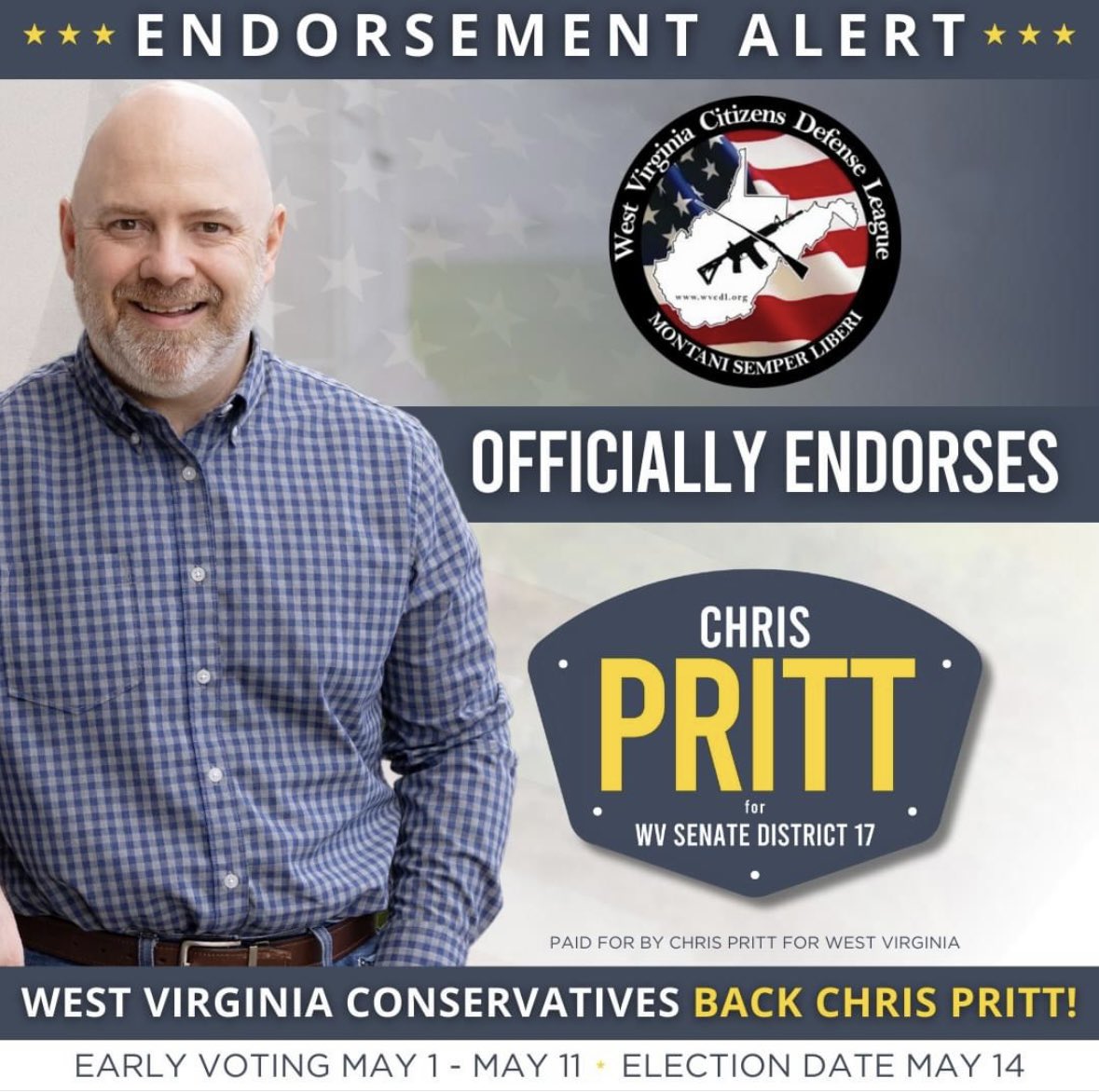 Honored to be endorsed by West Virginia’s largest pro-Second Amendment grassroots organization, West Virginia Citizens Defense League - WVCDL, and receive an A+ rating. I’ll never stop supporting and defending the Second Amendment. #wvpol