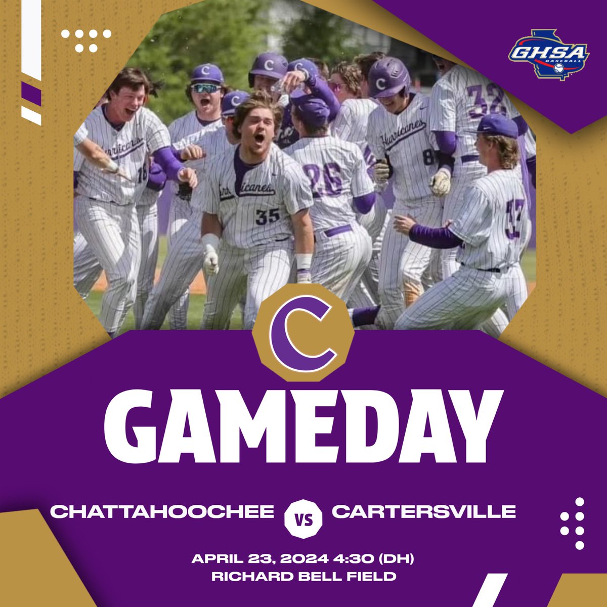 It’s State Tournament Game Day in Cartersville! The Canes host Chattahoochee in the 1st Round of the GHSA State Baseball Championship today at Richard Bell Field. Game 1 of the DH is scheduled to begin at 4:30PM.