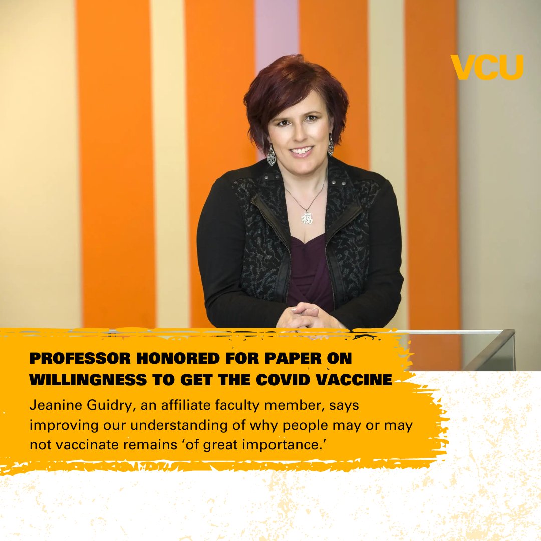 Jeanine Guidry, Ph.D., an affiliate faculty member at the @sbs_vcu in @soph_vcu and at the Richard T. Robertson School of Media and Culture in @vcuchs, is honored for her paper on willingness to get the COVID vaccine. Read more: news.vcu.edu/article/2024/0…