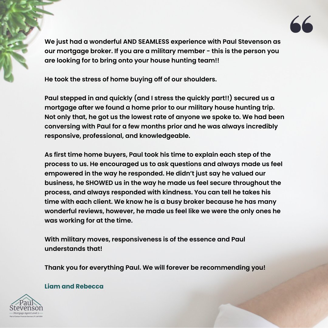 paul_stevenson_'s tweet image. This is undeniably one of the most heartfelt reviews I've received from clients. They sought a prompt solution for their mortgage financing. Our servicemen and women merit top-tier support, and I'm delighted to have been able to help! #militaryrelocation #testimonialtuesday