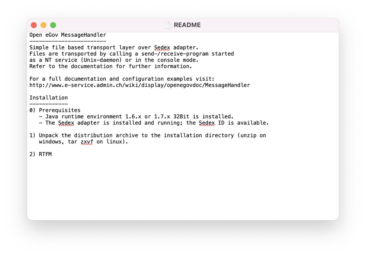 The Swiss eGov Message handler have an 'RTFM' (Read the fucking manual' included onto their java app.