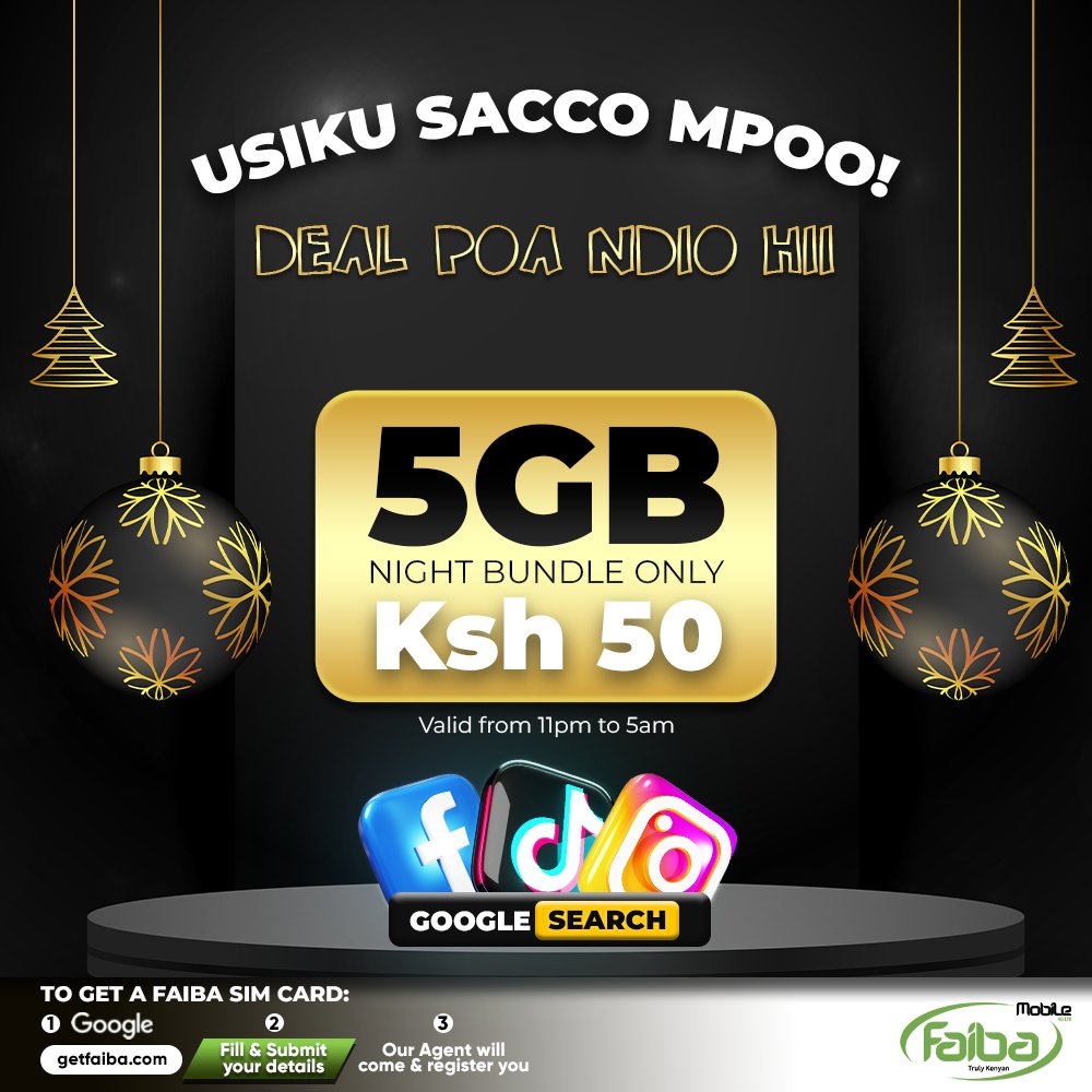 USIKU SACCO MPOOOOO!

Streaming, Working or Simply Browsing away in the Night!

Enjoy 5GB Night Bundle for the amazing price of 50Ksh to be used from 11PM to 5AM.

To buy download #FaibaApp or use selfcare.jtl.co.ke/data

#GetFaiba