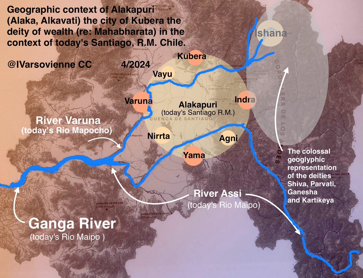 IVarsovienne's tweet photo. @geosociety Divided by Varuna &amp; Assi rivers, the #Maipo valley is difined by 8 Așța Dikpālas: Kubera (including C.#Manquehue), Vayu, Varana, Nirrta, Yama, Agni, Indra-Surya-Satya &amp; most importantly  #Ishana. #geography #Hindu #deities #geoglyph #Alakapuri #Ganga #Chile #earthday2024 https://t.co/UyIMERlfyZ