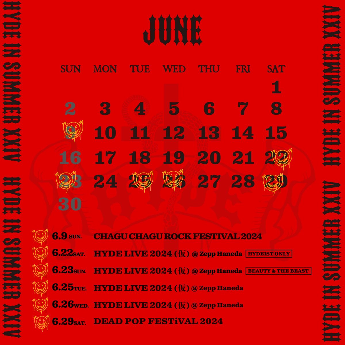 HydeOfficial_'s tweet photo. [STAFF]
男鹿フェスの出演日も決まり、HYDEの夏のソロスケジュールを更新！
是非チェックしてください！

https://t.co/mZYQE91kZy

#HYDE
#HYDELIVE2024
#BEAUTYANDTHEBEAST
#HYDE夏フェス2024 https://t.co/JjCHUEK4B2