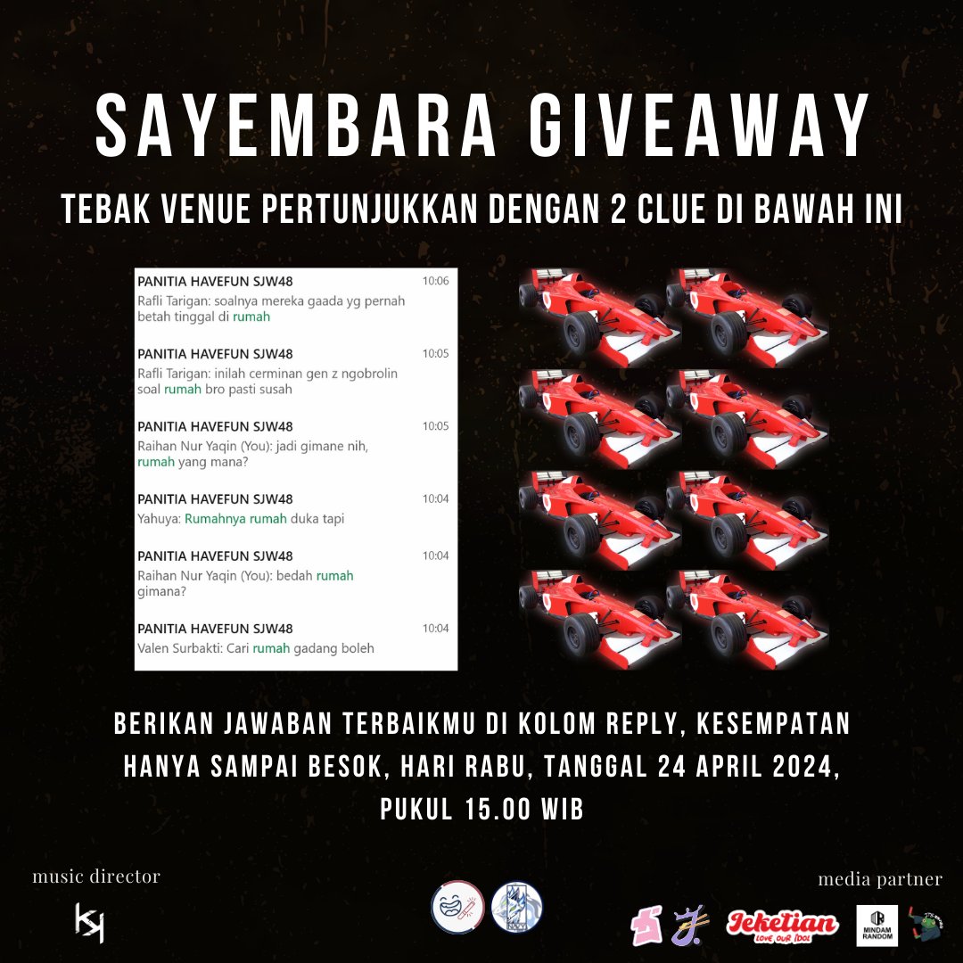 GIVEAWAY ALERT!

Karena admin lagi berbaik hati, admin mau adain giveaway 1 buah tiket untuk nonton langsung HAVEFUN SJW48 1st Anniversary Show tanggal 18 Mei nanti.

Caranya gampang, kamu tinggal retweet tweet ini dan tebak di kolom reply, di manakah SJW48 akan menggelar pentas