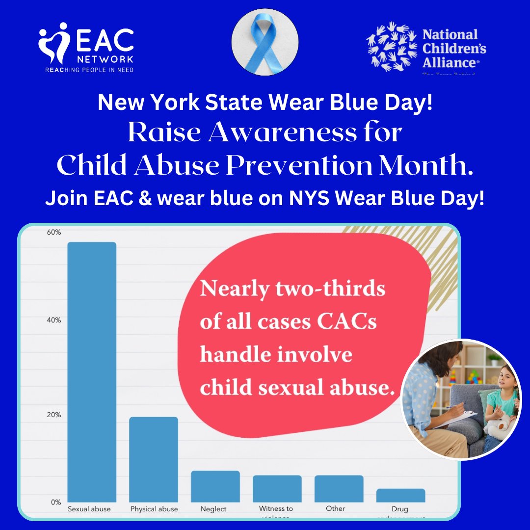 Join EAC and show support by wearing blue, today!

#GoBlue4NYKids #GreatChildhoodsNY #GrowingBetterTogether #CAPMonth #PreventChildAbuse #ChildrenMatter. #eacnetwork #nonprofit #suffolkcountyny #nonprofit #newyork #socialservices #humanservices