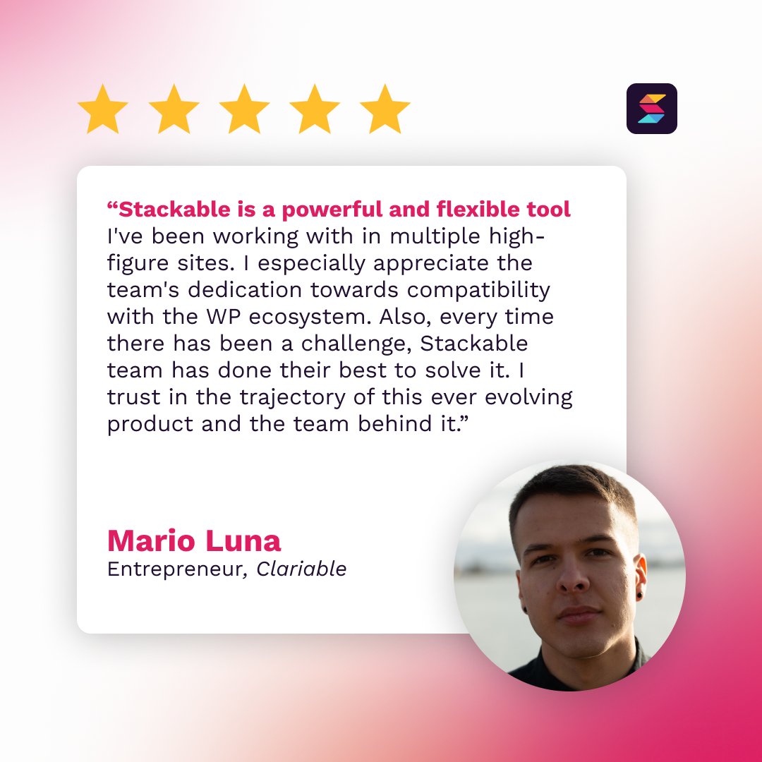 wpstackable's tweet image. Thank you for your trust, Mario! 🌟

Our team efforts wouldn’t have been possible without our users. We prioritize a seamless and efficient web experience with Stackable.

Want to learn more? Check our website today! 👉 bit.ly/4aGdM2U

#WordPress #Gutenberg #wpstackable