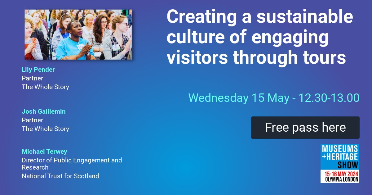 How do you create a sustainable culture of engaging visitors through tours? 🤔 

Michael Terwey @N_T_S, Lily Pender & Josh Gaillemin @_thewholestory will explore this in their talk at the #MandHShow. 12:30, Theatre 4, May 15. 

Get your two-day free pass: museumsandheritage24.smartreg.co.uk/Visitors/Visit…