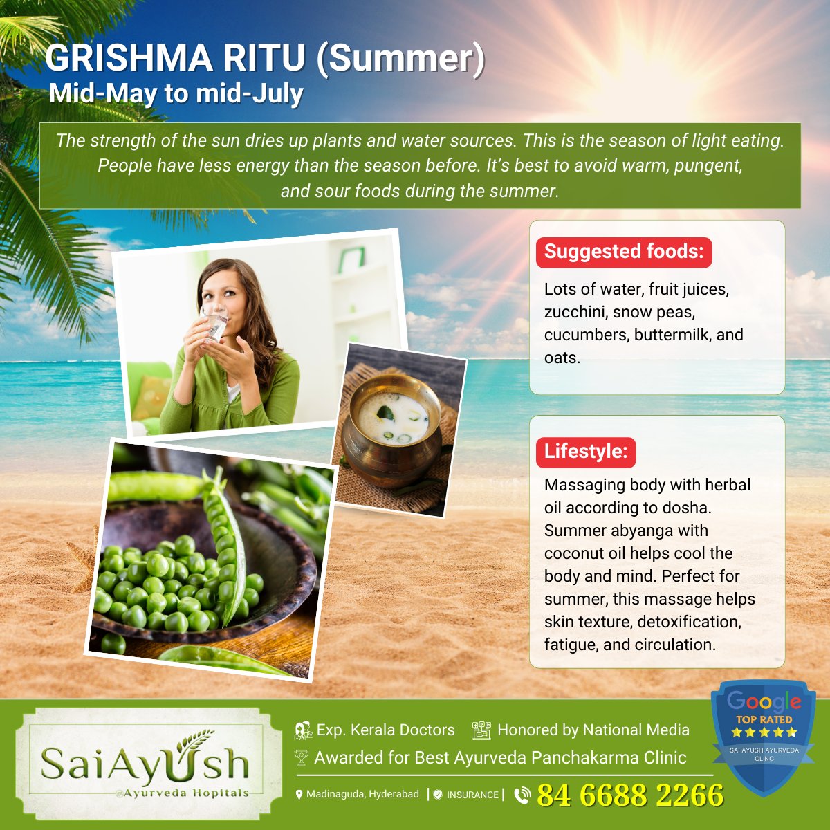 🌞GRISHMA RITU (Summer) The strength of the sun dries up plants and water sources. This is the season of light eating. People have less energy than the season before. It’s best to avoid warm, pungent, and sour foods during the summer. #summer #tips #ayurveda #ayurvedatips