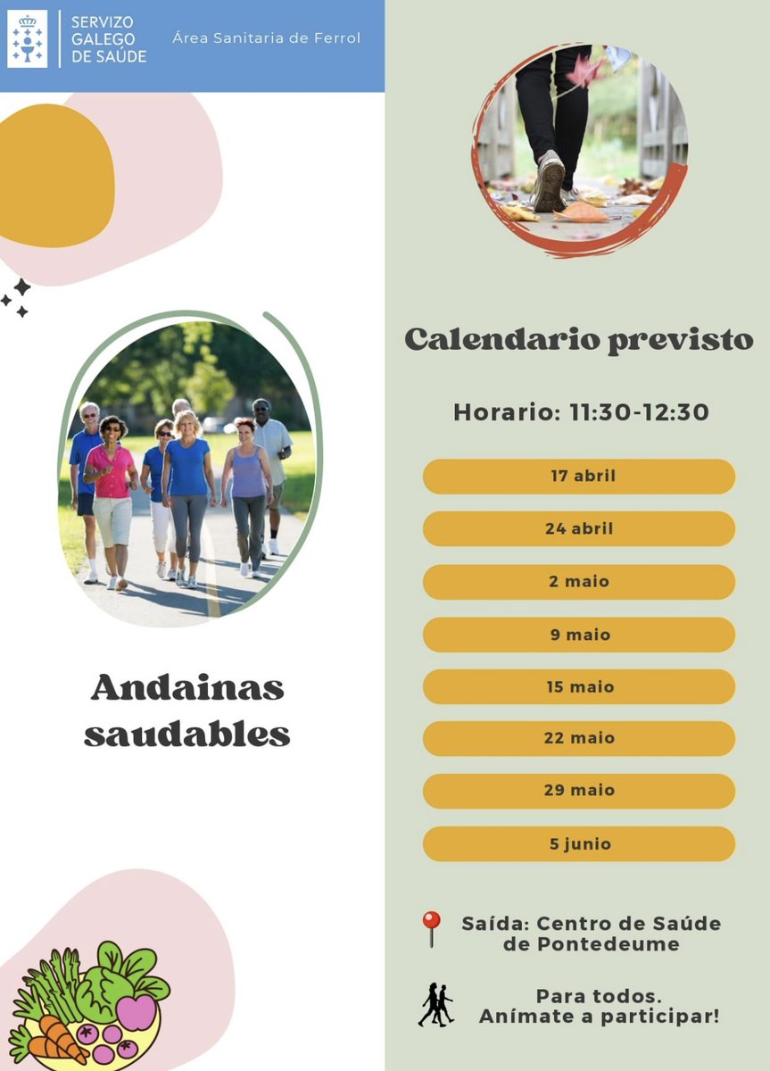 📢 Lembra que mañá, méecores 24, podes acudir á andaina saudable que organizan os profesionais do centro de saúde de Pontedeume.

⏰ 11:30

🏥 Centro de saúde de Pontedeume.