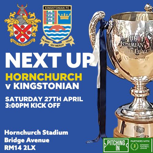 Next Up | Saturday, the Champions are at home in @PitchingIn_ @IsthmianLeague action, welcoming @KingstonianFC to the Bridge. 🆚 Kingstonian 🏆 Isthmian Premier 📅 Sat 27th April ⏰ 3:00pm 🏟️ The Bridge, RM14 2LX 🎟️ Online or on the gate 👇 hornchurchfc.ktckts.com/event/hch2324i… #COYU