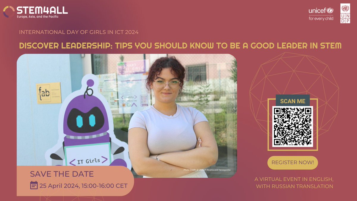 Join @UNDP & @UNICEF's #STEM4ALL virtual event for #InternationalGirlsInICTDay! 🌟 Dive into STEM leadership skills & embracing risks. 🚀 📅 April 25, 7 PM Astana time. Register on STEM4ALL: shorturl.re/7dqrl #STEM #Leadership