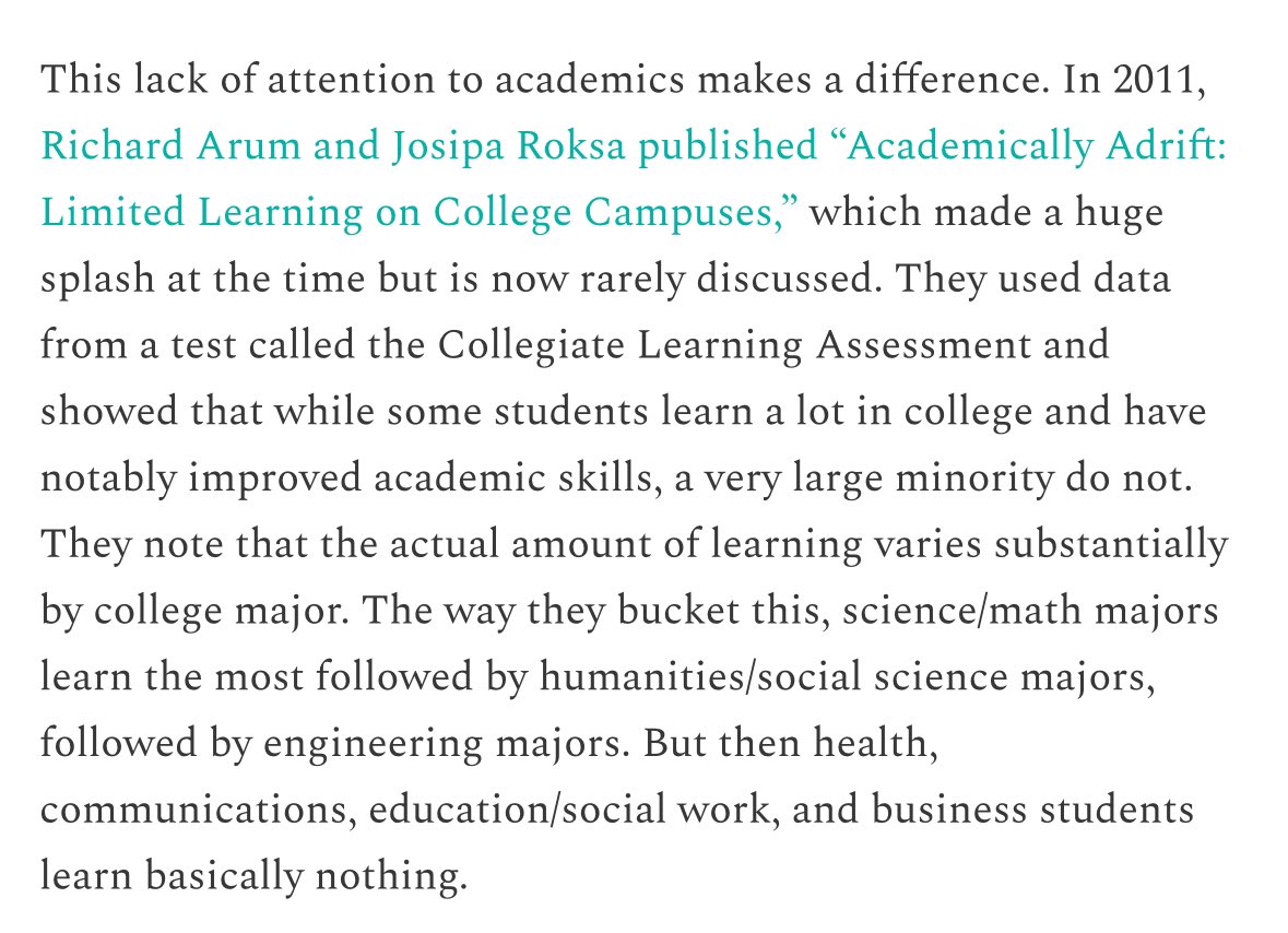 The biggest divide in coursework rigor isn’t between STEM and humanities it’s between all traditional liberal arts fields and the new education / business / social work / health fields. slowboring.com/p/college-stud…