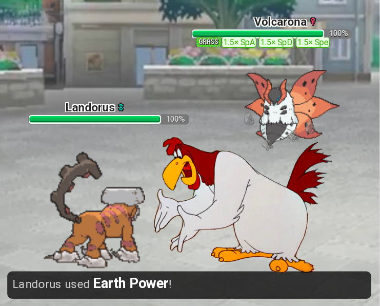 SON, I SAY, SON, WHAT IN TARNATION WERE YOU THINKIN? THAT VOLCARONA JUST GOT GREENER THAN A SPRING PASTURE, AND YOU GO AND HIT IT WITH DIRT? NOW THAT MOTH'S SET UP A QUIVER DANCE FASTER THAN A HENHOUSE FIRE. NEXT TIME, USE YOUR HEAD 'FORE YOU MAKE A FEATHERBRAIN MOVE LIKE THAT!