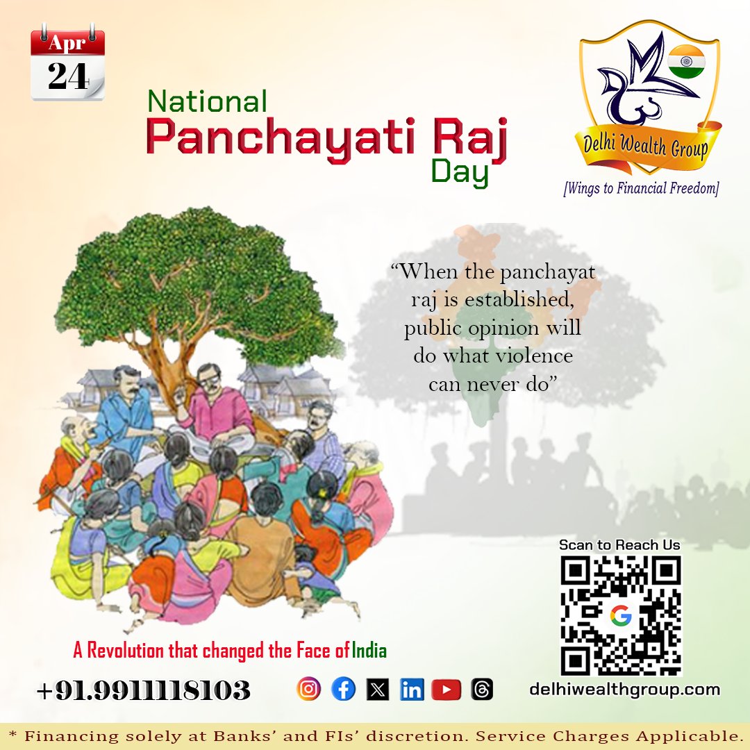 A Revolution that changed the face of India! National Panchayati Raj day!
#DWSPL #delhiwealthgroup #financeconsultant #loanservices #consultancyservices #workingcapitalloans #projectfinance #financialservices #homeloans #housingfinance #loanagainstproperty #msmeloan