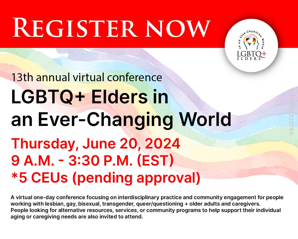 Registration is now open for the 13th Annual VIRTUAL Conference LGBTQ+ Elders in an Ever-Changing World! Buy tickets & select your workshops: lgbtqeldersconference.org Thanks to our Presenting Conference Sponsor @GSCommunityCare and Keynote Speaker Sponsor @EnterpriseBank