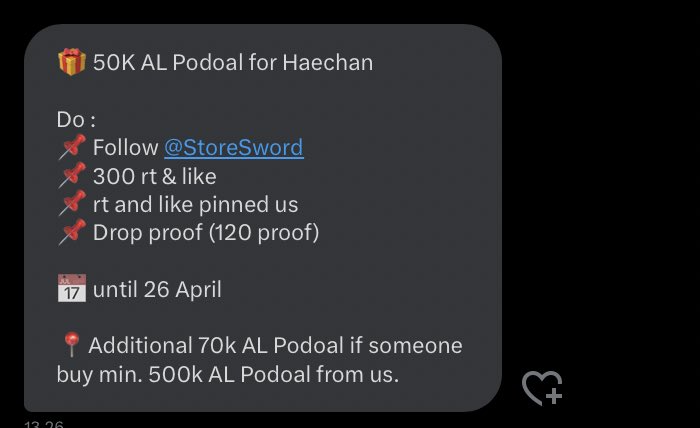burgerburenak's tweet photo. 🍇PODOAL DEALS FOR #HAECHAN 🐻

🍇 50.000 AL

RULES : 

📌 Follow @StoreSword  
📌 300 rt &amp; like 
📌 rt and like pinned us
📌 Drop proof (120 proof)
📅  26 April

📍Additional 70k AL Podoal if someone buy min. 500k AL Podoal from us.

#HAECHAN https://t.co/7GQ5xe9myw
