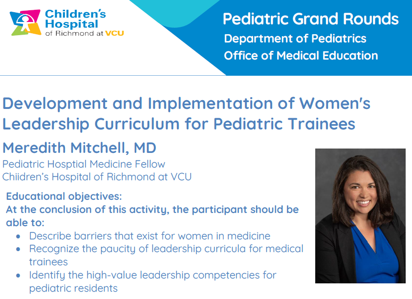 Happening today! Our 2nd year fellow @MHMitchellMD will be giving @childrensatvcu #GrandRounds on her research project!! @vcupeds @VCUHealth