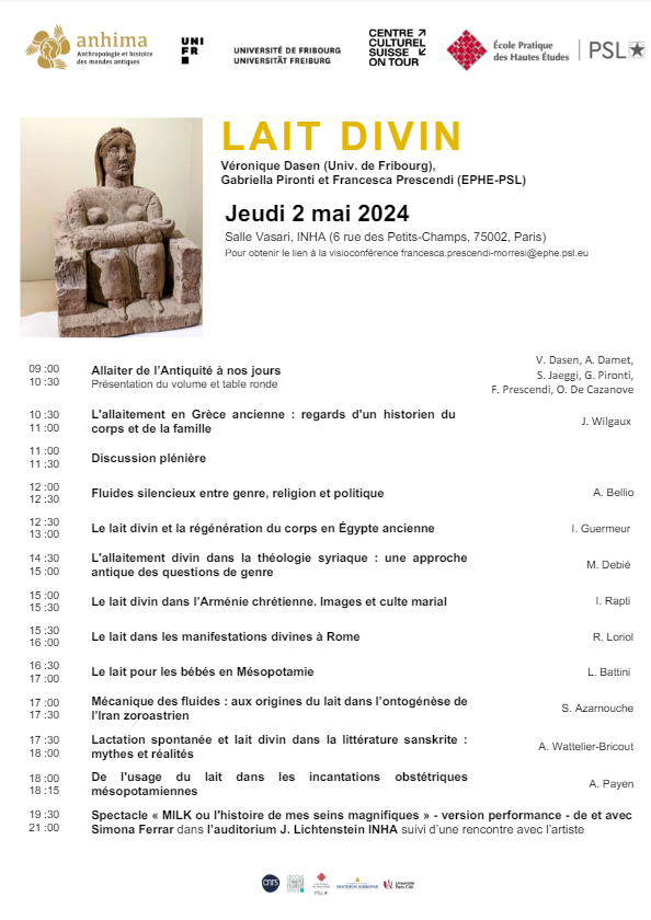 #Journéedétudes
#Lait divin

Organisée par Véronique Dasen <a href="/UniFreiburg/">Universität Freiburg</a>, Gabriella Pironti et Francesca Prescendi <a href="/ephe_psl/">École Pratique des Hautes Études - PSL</a>, suivie du spectacle MILK ou l'histoire de mes seins magnifiques de et avec Simona Ferrar

📆 2 mai
📍 <a href="/INHA_Fr/">INHA</a> et 💻

👉 ephe.psl.eu/lait-divin