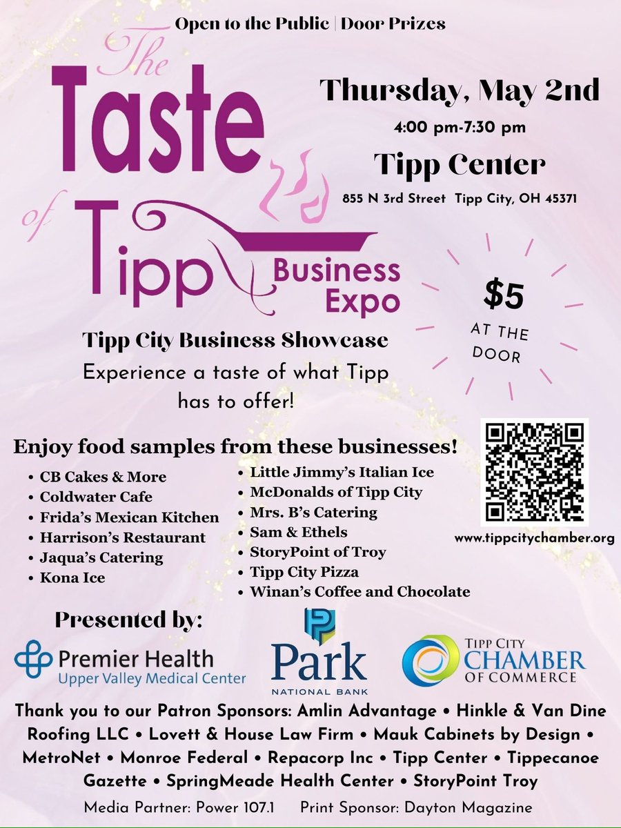 Mark your calendars because the Taste of Tipp &amp; Business Expo is back on May 2nd!🤩 It’s about bringing our community together in a meaningful way. With 14 food exhibitors offering delicious samples, plus the chance to win a $100 community e-gift card if you arrive early! 🥳🍴