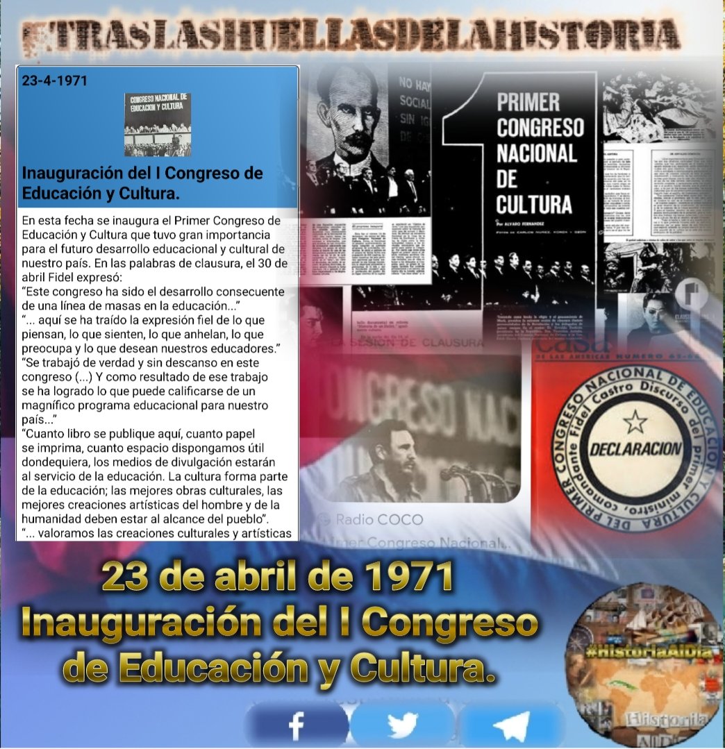 Comparte y Divulga📲
la Historia 🇨🇺 de nuestra Patria.
 Efemérides del 23 de abril.
👣Fallece en su onomástico William Shakespeare.
👣Día Internacional del libro y el idioma Español.
👣Fidel anuncia la Victoria de Playa Girón.
👣I Congreso de Educación.
#HistoriaAlDía