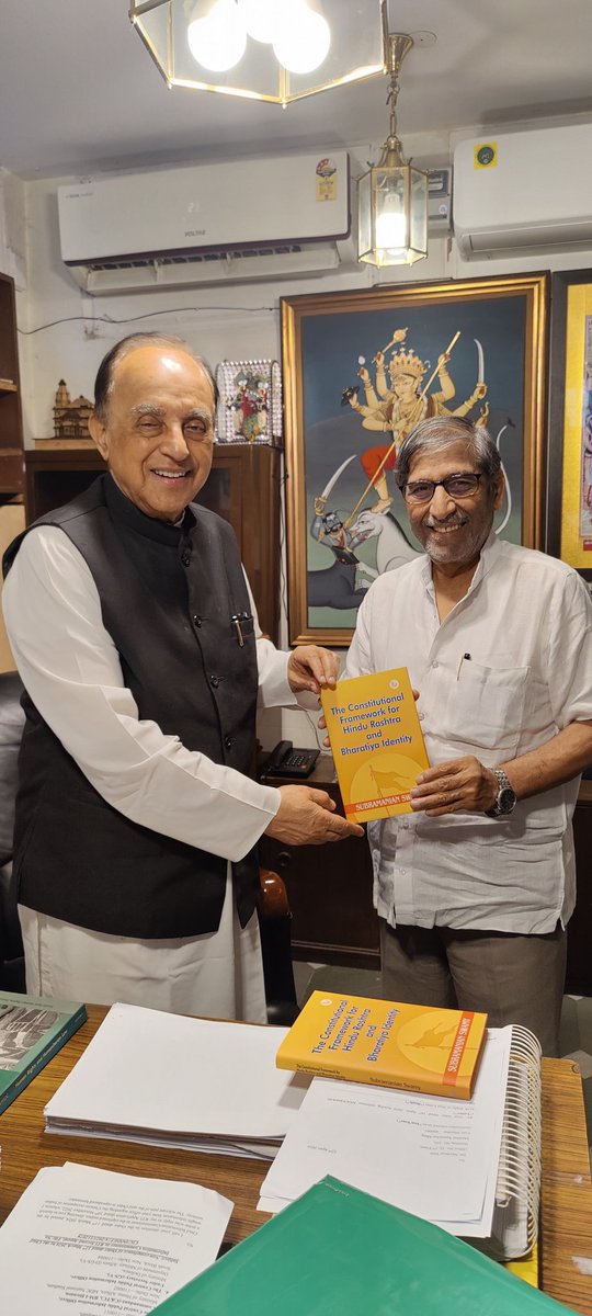 Proud to receive autographed copy of Dr Subramanian Swamy's just published book The Constitutional Framewok for Hindu Rashtra and Bharatiya Identity from @Swamy39 . In my view Dr Swamy's contribution to Hindutva is greater than collective work by all other so called Hindu icons.…