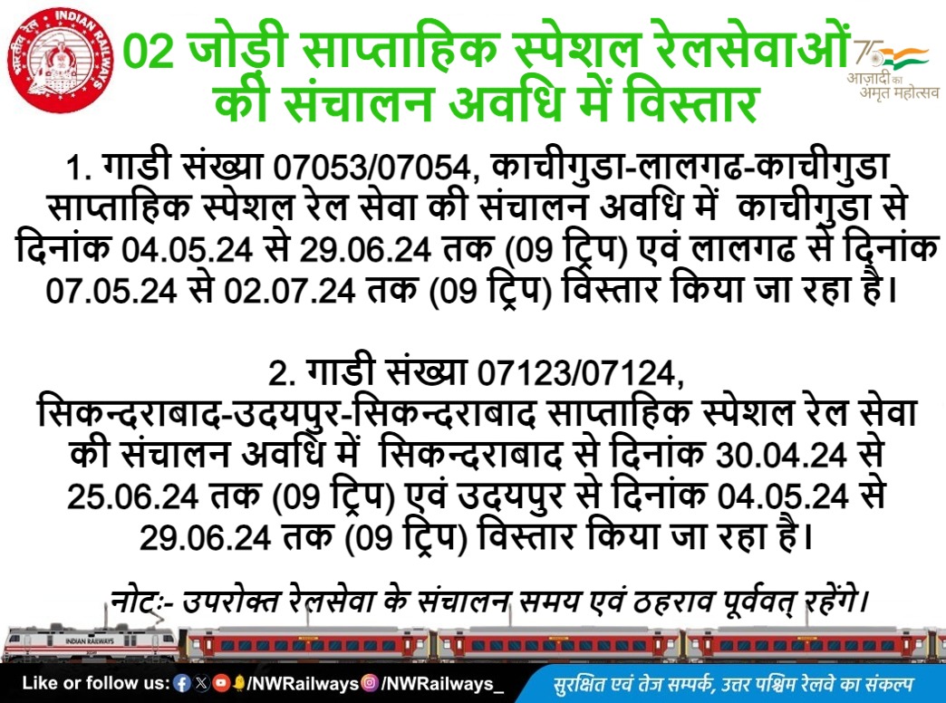 02 जोड़ी साप्ताहिक स्पेशल रेलसेवाओं की संचालन अवधि में विस्तार @A1TVOfficial @1stIndiaNews @News18Rajasthan @DDNewsRajasthan @zeerajasthan_ @SachBedhadak