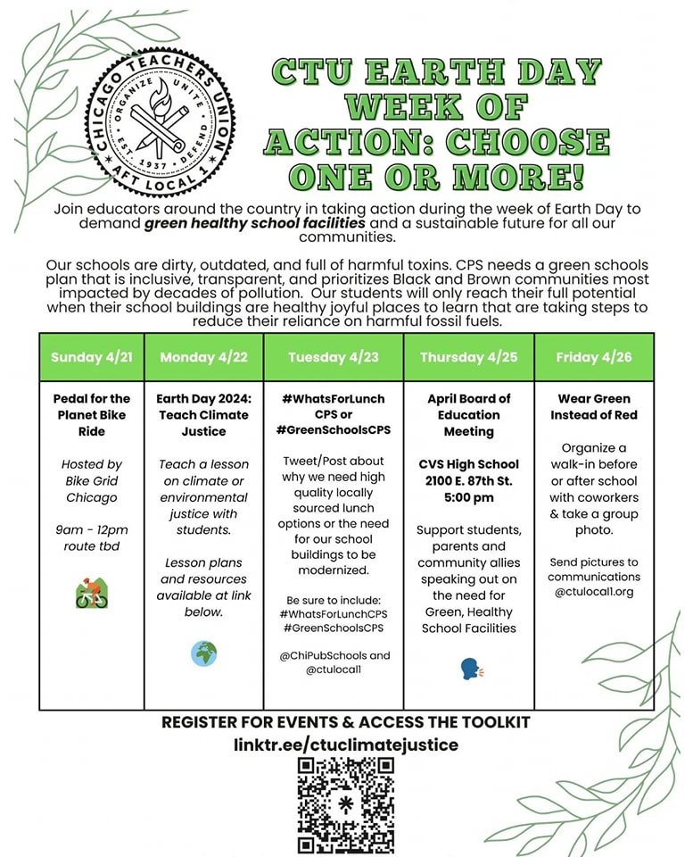 Happy day after EARTH Day! @CTULocal1 is fighting for healthy, green, sustainable schools in our next union contract. For the first time, we have a set of Climate Justice proposals in which we are asking CPS to agree to key contract demands!