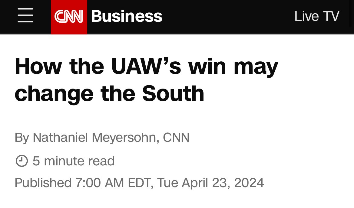 “.. I think we’re going to see a lot of efforts to revitalize labor in the South. The gains in Chattanooga won’t stay in Chattanooga ..” @nmeyersohn @CNN @UAW cnn.com/2024/04/23/bus…