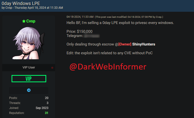 The seller of this Zero-day has dropped the price to $150,000. What a steal! 🤣#DarkWebInformer #DarkWeb #Cybersecurity #Cyberattack #Cybercrime #Infosec #CTI #0Day #ZeroDay #Windows #Exploit