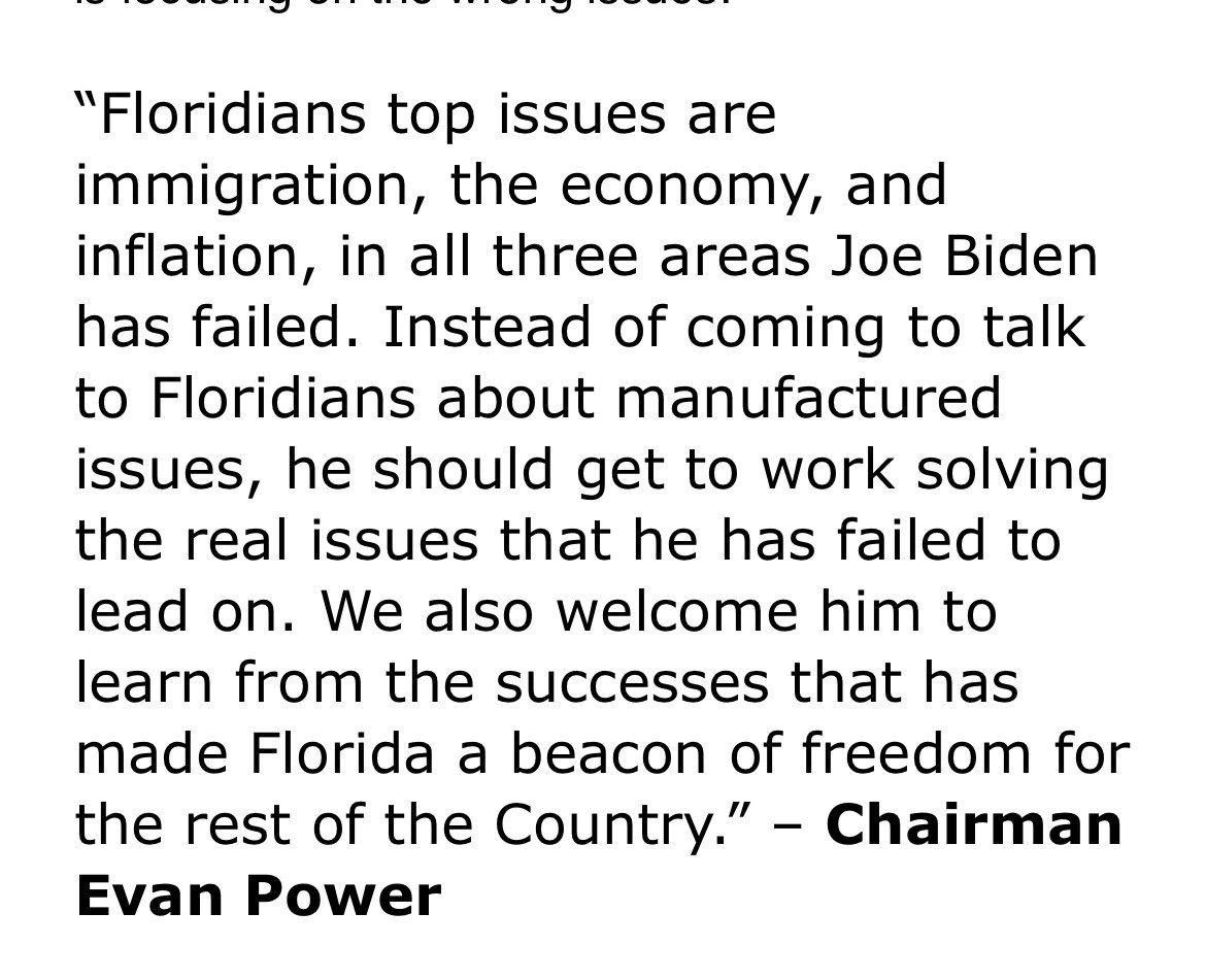 New: As President Biden heads to Florida today to campaign on the abortion issue, the FL GOP labels him as out of touch on voters top concerns. New statement today from @EvanPower