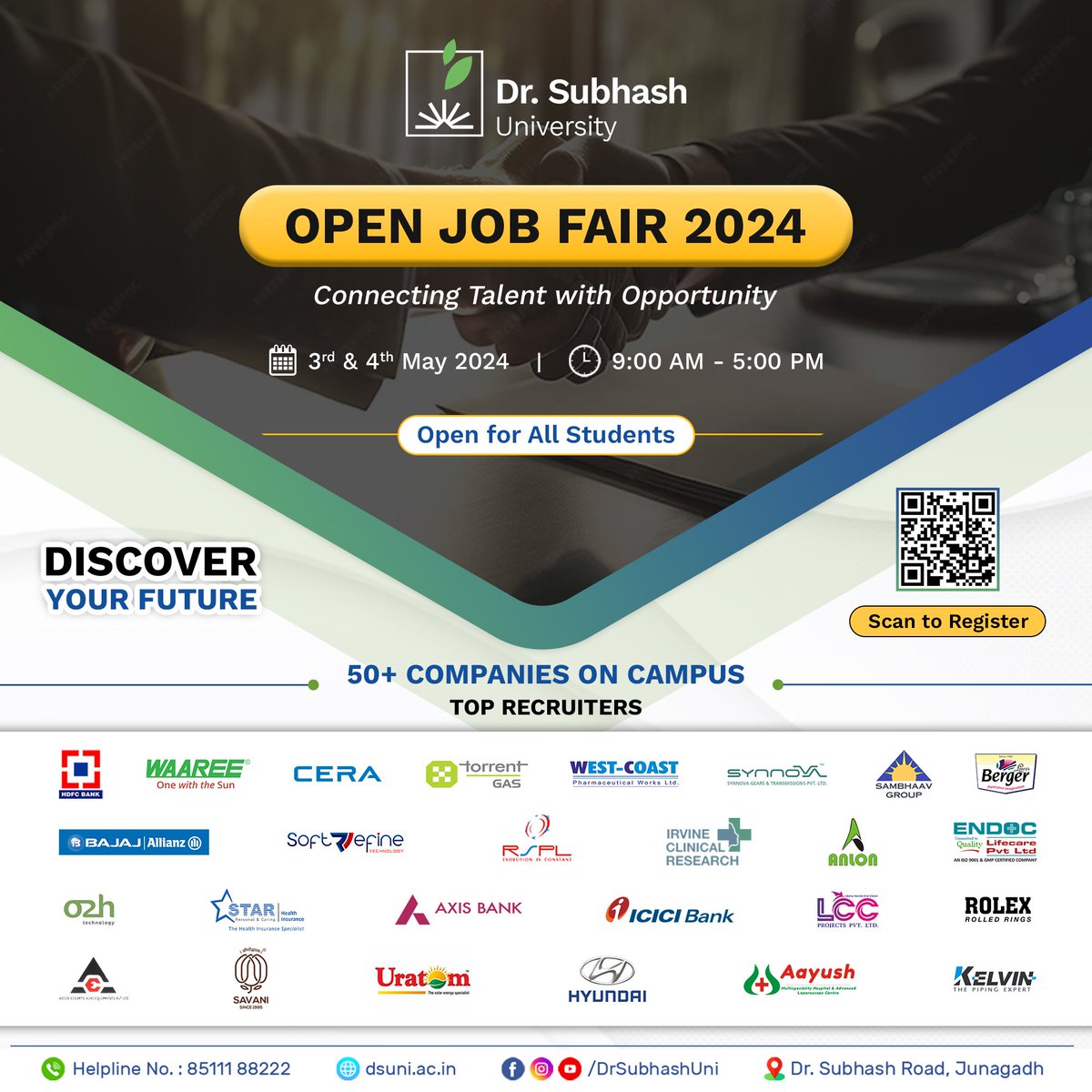 🌟 Your career journey starts here! Don't miss out on the DSU Open Job Fair 2024, happening on May 3rd & 4th, 9:00 AM to 5:00 PM. With 50+ companies waiting to meet you, it's your chance to land your dream job. #careerexploration #Openforall #DSU #DrSubhashUniversity