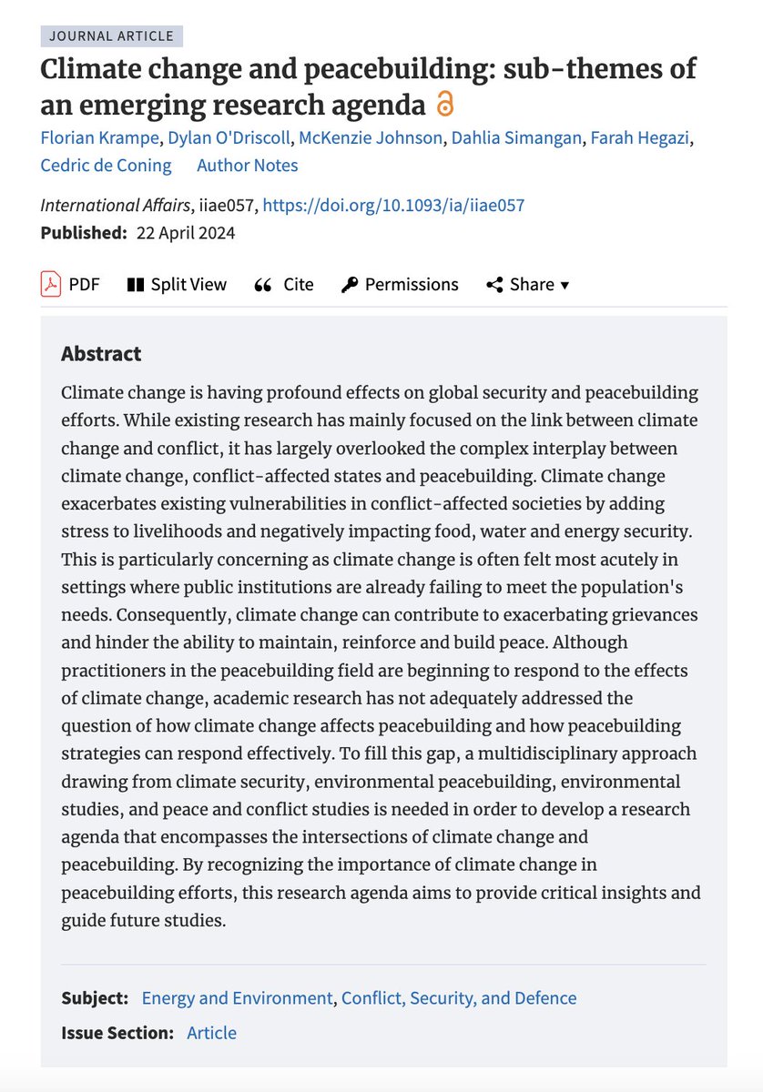 ⚡️New Article in @IAJournal_CH 'Climate change and peacebuilding: sub-themes of an emerging research agenda' together with @odriscoll_dylan @mckenz_johnson @dahlia_cs @EnviroFarah @CedricdeConing 📰doi.org/10.1093/ia/iia… #ClimateSecurity